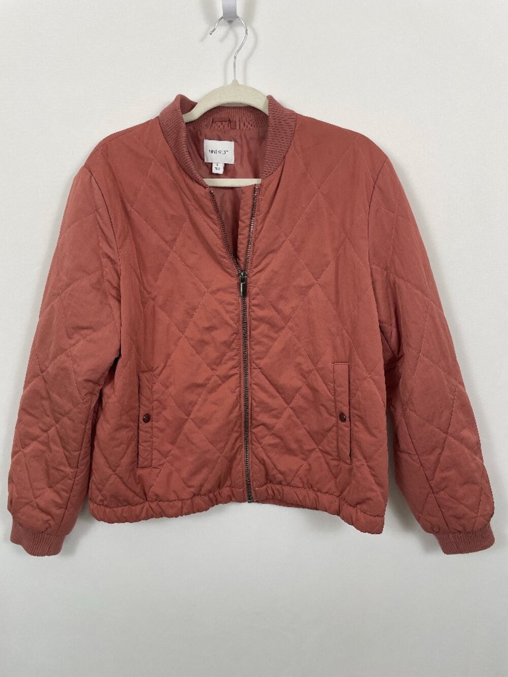 Nine West Diamond Quilted Bomber Jacket in Dusty Terracotta Pink Size: L